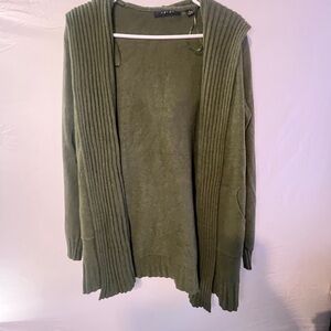 Cyrus Olive Open-Front Ribbed Trim Cardigan